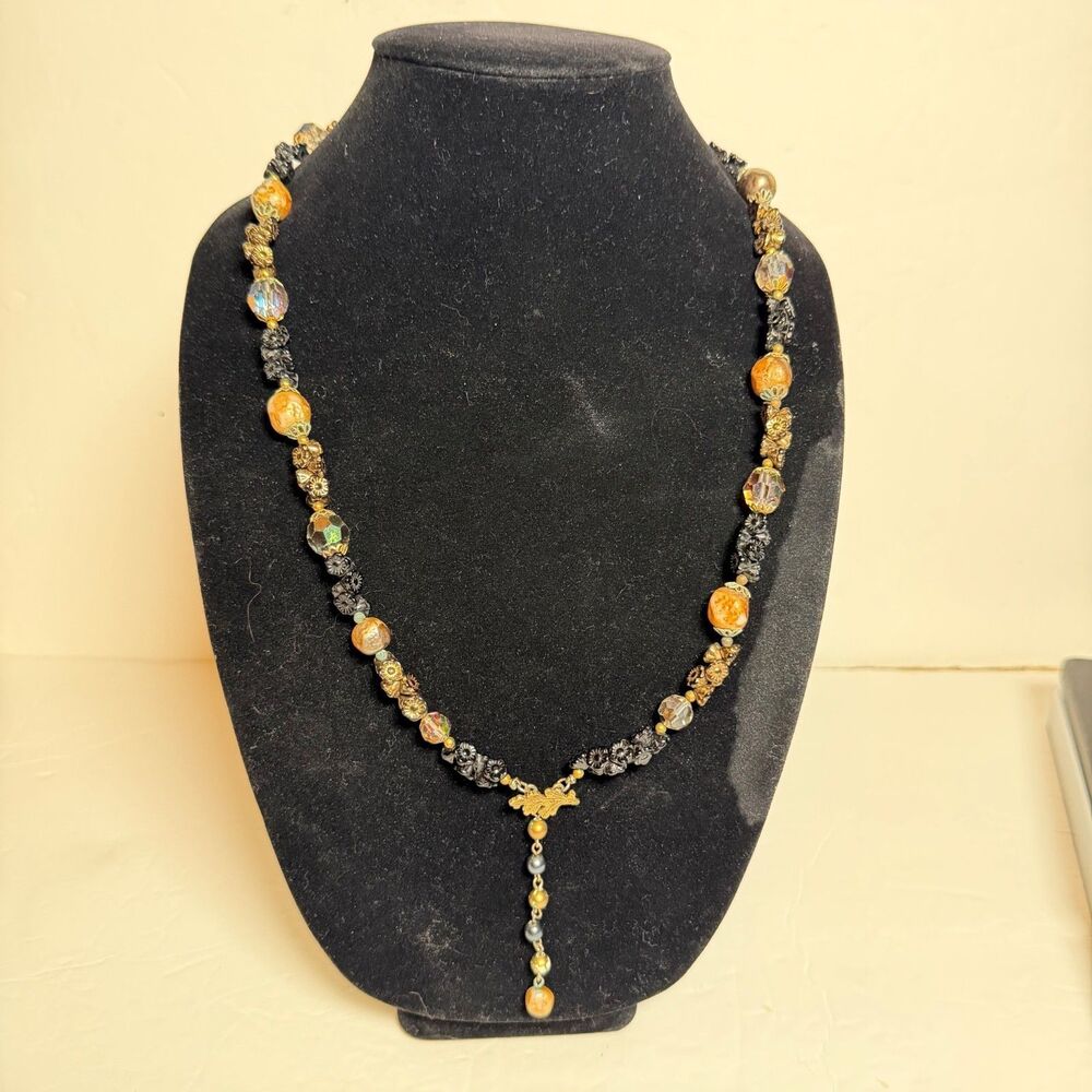 Vintage Vendome Black Glass Floral Bead Necklace AB Crystal Oak Leaf Dangle 26"